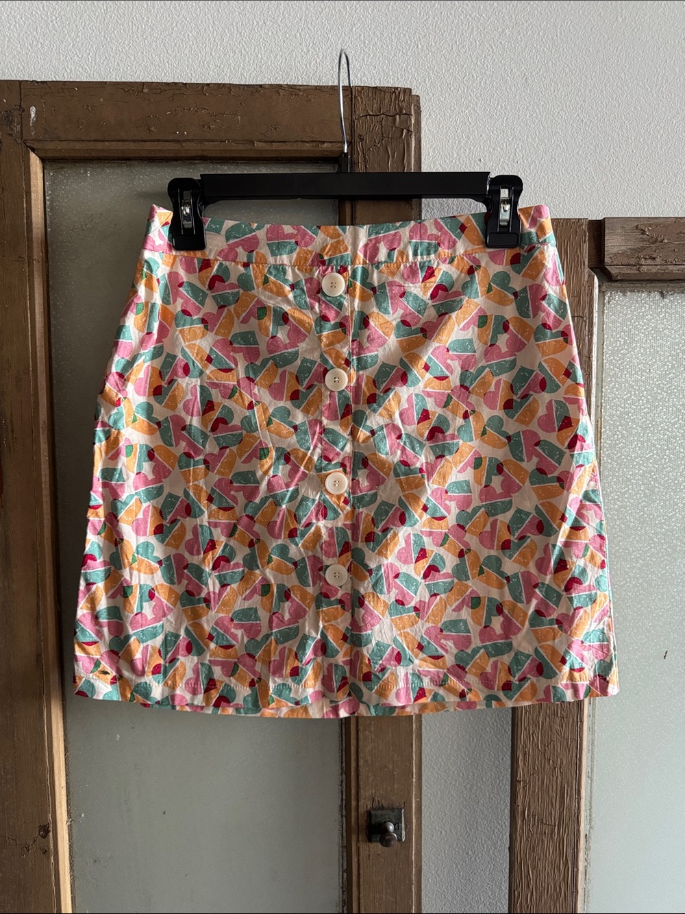 Colorful Abstract Print Button-Front Mini Skirt - Pink/Yellow/Teal